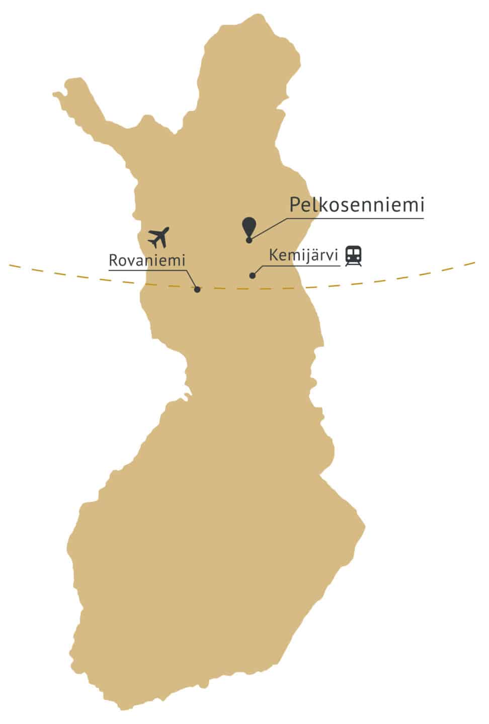 Suomen kartta, jossa Pelkosenniemi merkitty karttaan.